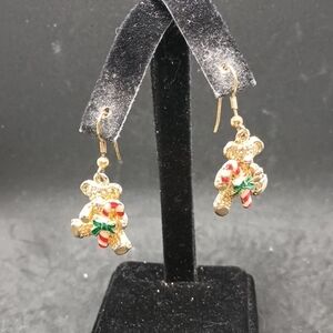 Gold Tone Teddy Bear Christmas Earrings